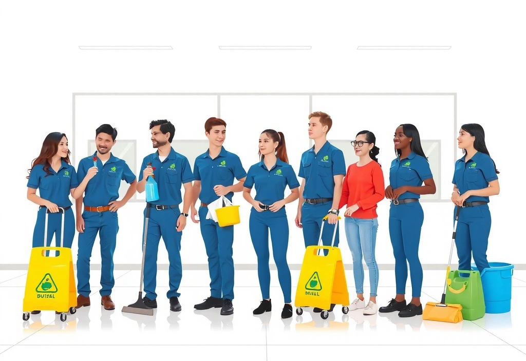 Professional cleaning team in action at a modern office space