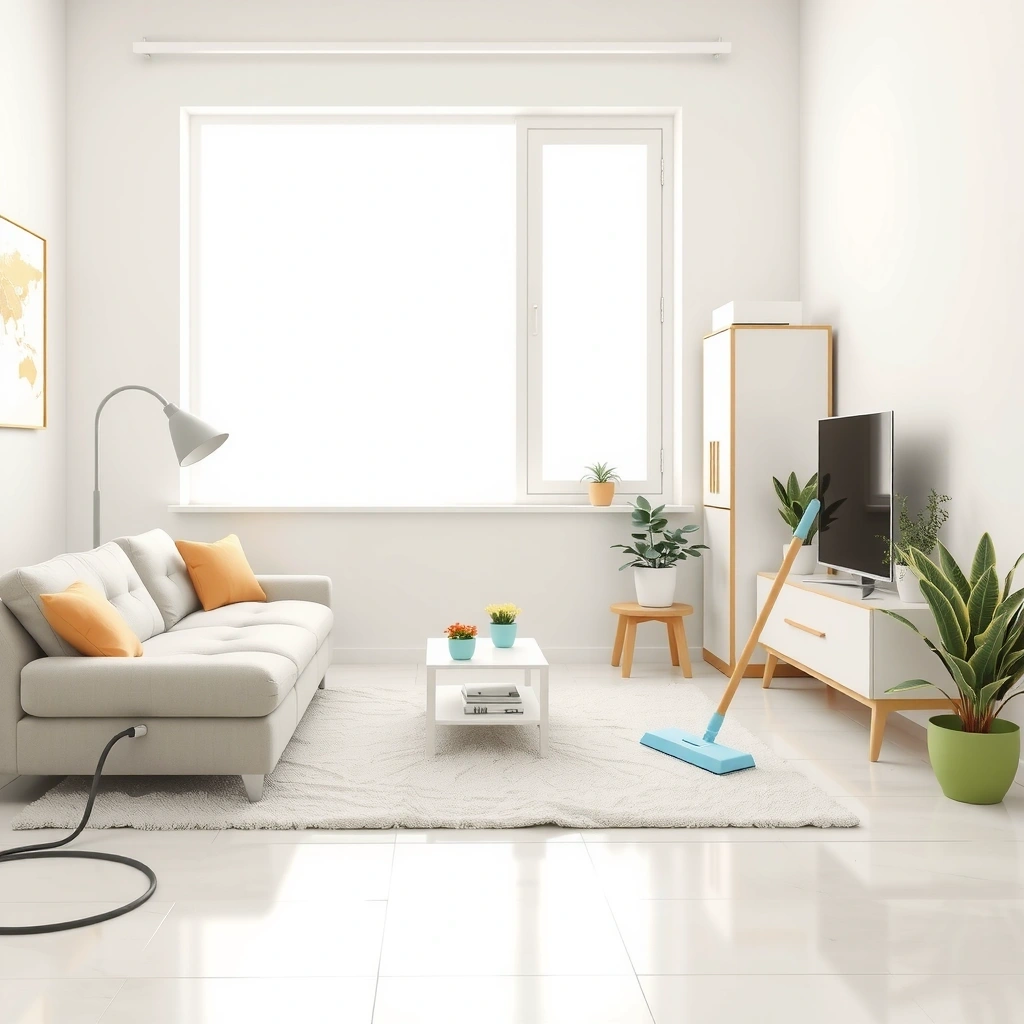 Regular house cleaning service showing a clean, organized living room